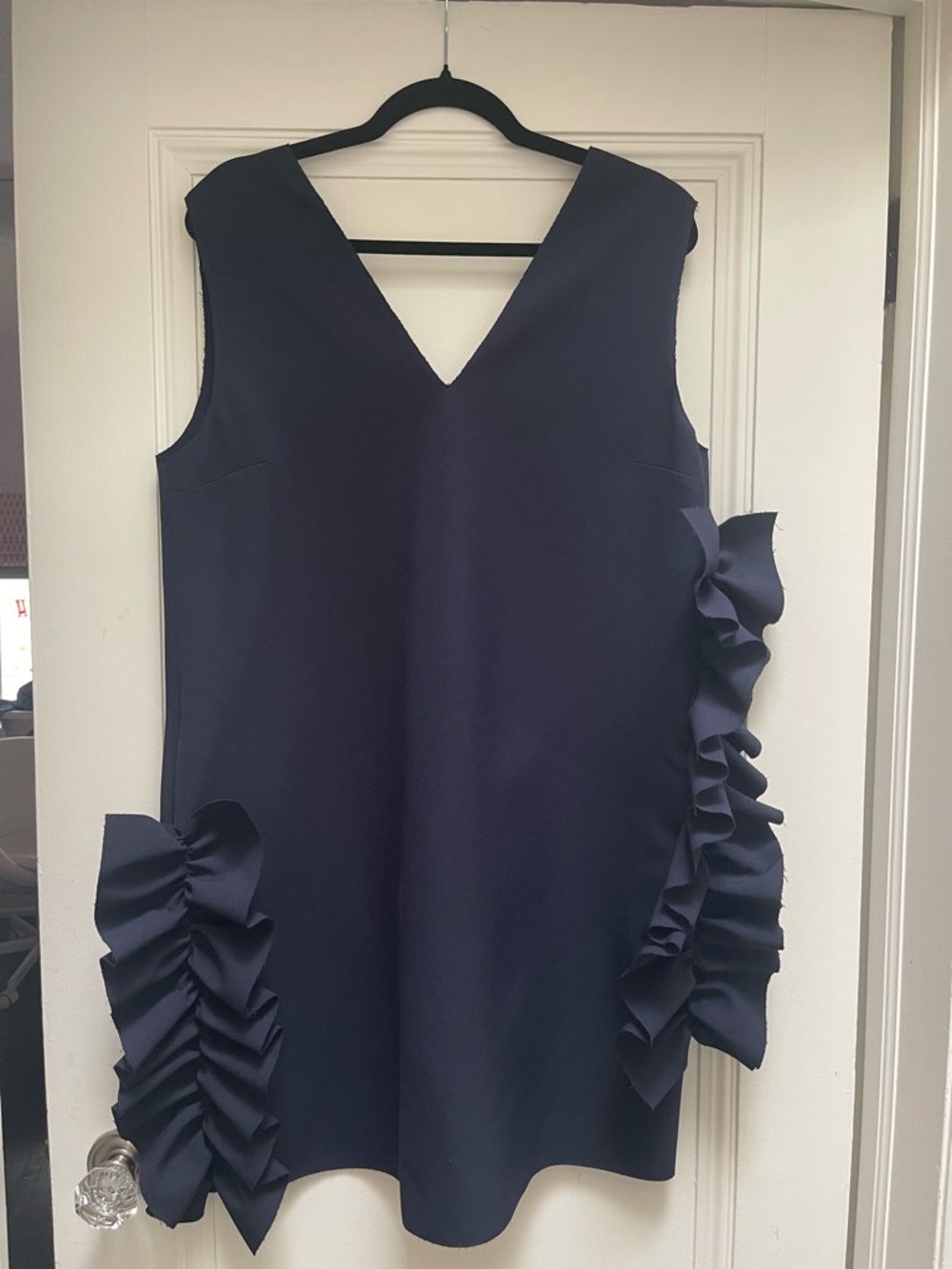 MSGM Navy V-Neck Ruffle Shift Dress